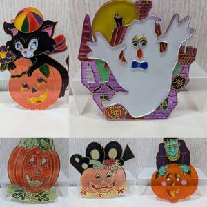 5 Vintage Halloween 80s Sun Catchers Plastic Pumpkin Ghost Black Cat